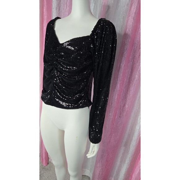 Express Black Sequin Rouched Stretch Evening Blouse Size Large - Picture 6 of 16